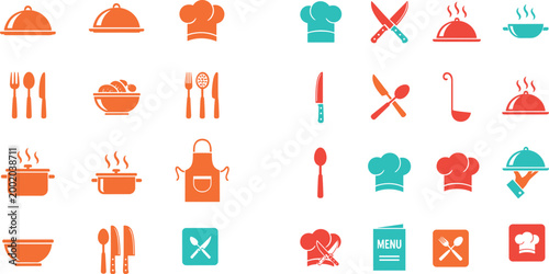 Colorful Cooking and Kitchen Icon Set Featuring Dishes, Utensils, Chefs, Apron, and Menu for Restaurant and Food Service Designs