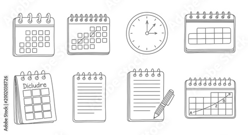 Calendar clock and notebooks illustration set