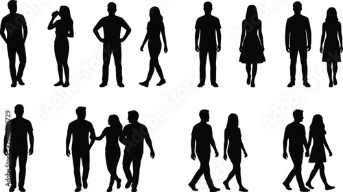 WebComprehensive collection of casual people silhouettes including walking couples, individuals standing, and groups in various everyday life poses