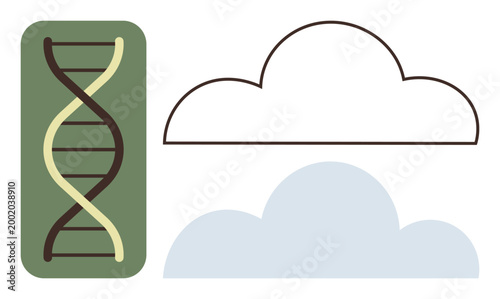 Biotechnology, genetics, environmental science, DNA research, cloud computing, ecology integration. A double helix next to cloud designs. Biotechnology and genetics concepts in research