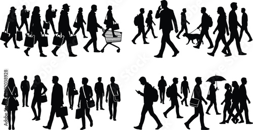 WebLarge collection of walking people silhouettes featuring shoppers with bags commuters with backpacks and individuals with dogs and umbrellas