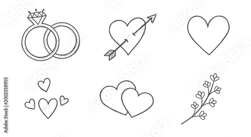Valentine hearts and wedding ring icons design