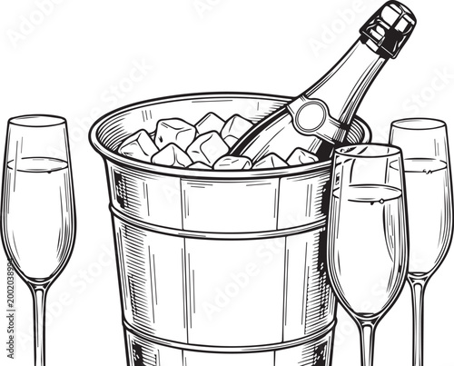 Detailed black and white illustration of champagne bottle in ice bucket with four flutes symbolizing elegance festivity and celebration