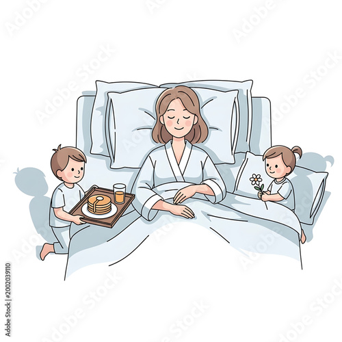 Adorable children lovingly surprise their mother with a special breakfast in bed, a heartwarming gesture of care and family bonding on a serene morning