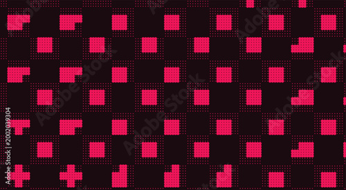 Cyberpunk retro 8-bit pixel glitch pattern. pink and black scattered squares, digital mosaic grid. for gaming stream overlay, synthwave poster, and apparel. eps stock vector art.