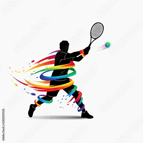 Tennis Player Silhouette Hitting Backhand with Colorful Abstract Paint Swirl