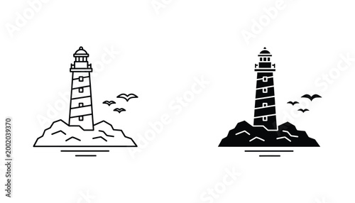 Lighthouse on rocky island with flying seagulls vector illustration set