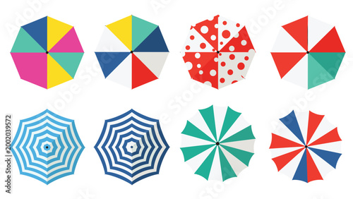 Vibrant collection of beach umbrellas seen from above featuring various colorful patterns stripes and polka dots for summer fun.