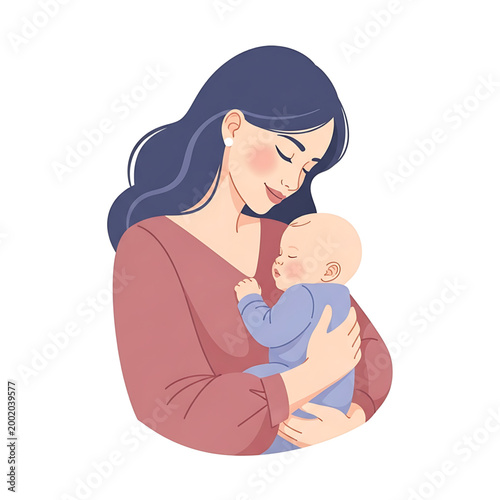 A tender illustration of a mother's gentle embrace, cradling her newborn baby with serene love, embodying the beautiful essence of family and early motherhood