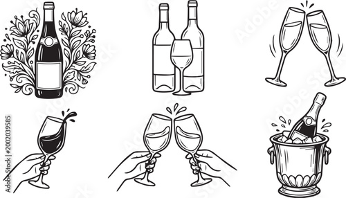 Set of six black and white wine and champagne illustrations including bottles glasses clinking toast pouring and ice bucket designs