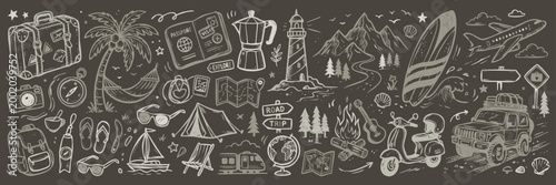 Vintage 1930s Rubber Hose Style Travel and Summer Vacation Adventure Doodle Set