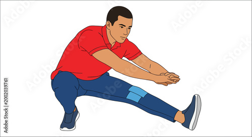 man stretching legs in a squat position vector illustration