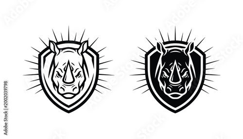 Aggressive rhinoceros head emblem inside shield with sunburst effect for sports mascot or security logo design