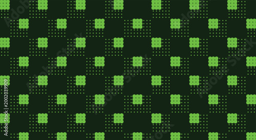 Retro 8-bit geometric pixel grid; dark background, green square shapes, scattered mosaic blocks, repeating dotted matrix. used for arcade game UI backdrop, cyber wallpaper.