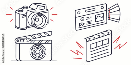 Camera and clapboard with red accents on white background production filmmaking