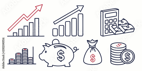 Finance and money including piggy bank and calculator coins