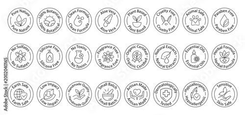 Organic cosmetics badges set, round eco labels with icons and text for packaging design, natural skincare