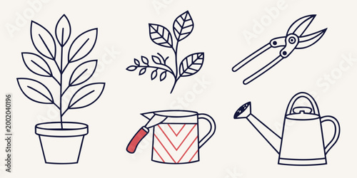 Gardening tools and plant care with watering can and pruners