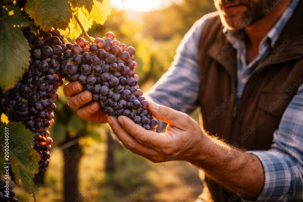 Obraz premium Man gently holding ripe grapes in vineyard during sunset