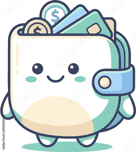 Cute cartoon wallet character filled with coins and credit cards, smiling and happy, representing finance and savings