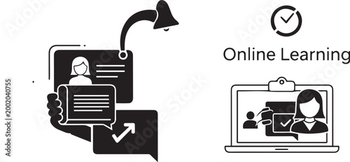 Online learning icons with laptop speech bubble and student profile