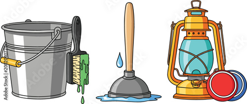 Household Utility Icon Set with Bucket Mop Plunger and Lantern in Detailed Flat Vector Style for Cleaning Maintenance and Emergency Equipment Design