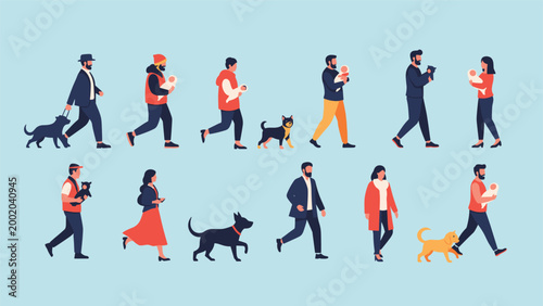 Diverse people walking with their babies in carriers and pet dogs, illustrating daily outdoor activities and community life in a flat style.