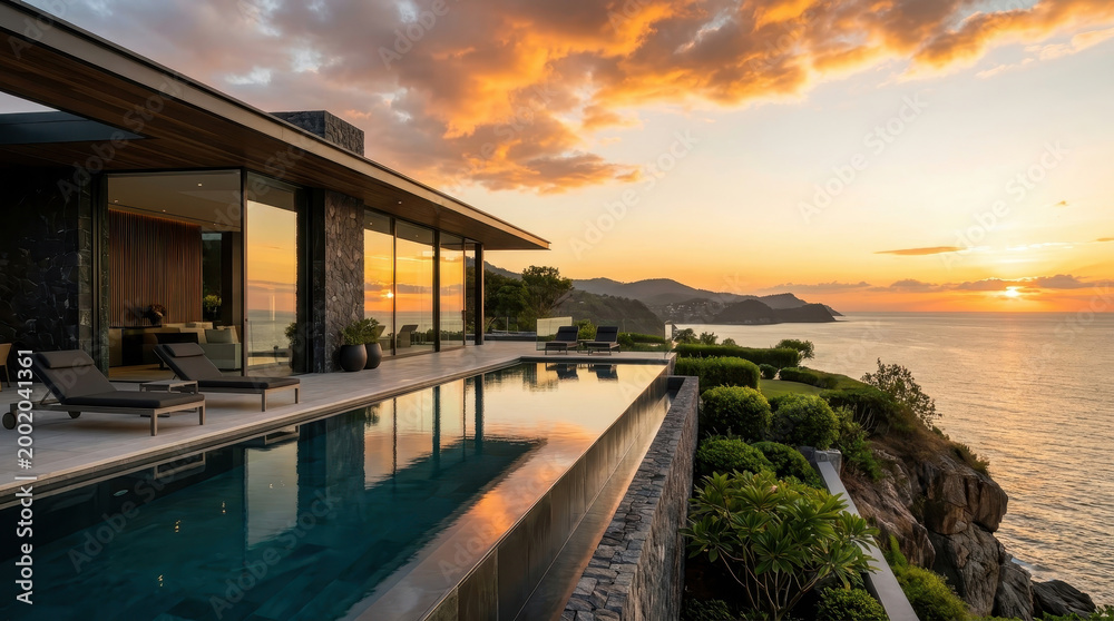 Fototapeta premium Luxury villa pool tropical sunset vacation concept travel ocean cliffside infinity pool modern architecture
