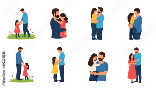 Sweet collection of fathers spending quality time with their young daughters through hugging, holding hands, and playing together.