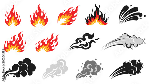 Dynamic set of fire, flame, and smoke effect illustrations in various shapes and styles for motion graphics or design projects.