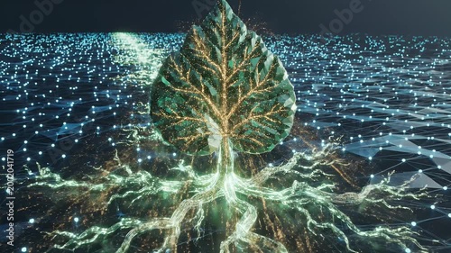 A futuristic abstract visualization depicts a glowing green sphere connected to a complex network of interconnected nodes and lines, symbolizing data, technology, and innovation.
