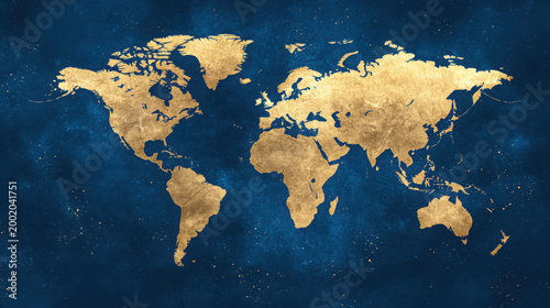 Elegant Golden World Map on Rich Blue Background for Decor
