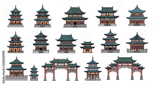 Elaborate set of traditional Chinese pagodas and temples with multi-tiered roofs and intricate architectural detailing.