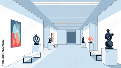 Clean and modern art gallery interior with white walls, abstract sculptures on pedestals, paintings, and minimalist benches.