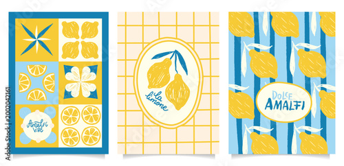 Fotografi Amalfi lemon poster set with tile inspired motifs, La Limone framed branch and Dolce Amalfi striped all over pattern, hand drawn Mediterranean illustrations with grainy texture for cards, packaging