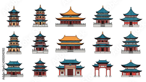 Traditional east asian architecture collection featuring various pagodas temples and decorative gates in a flat design style.