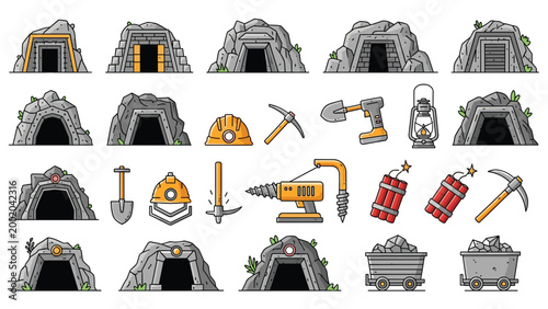 Pixel art mining icons set featuring mine entrances tools equipment and coal carts for video game design and asset packs.
