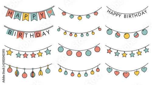 Colorful party bunting and birthday garland decorations with stars hearts and festive flags for special celebrations.