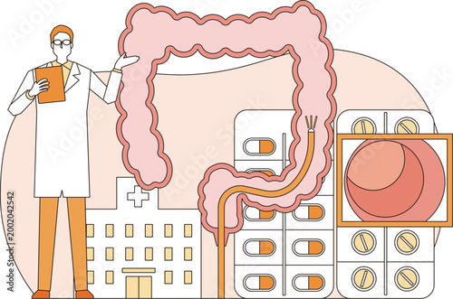 大腸の内視鏡検査と医療関係者のイラスト
