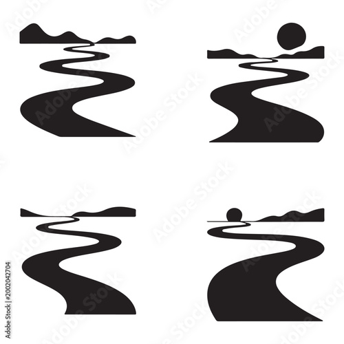 Minimal Abstract River Landscape Silhouette Set Vector Collection on white