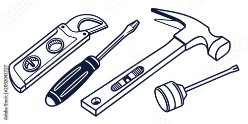 Slika na platnu Variety of heavy-duty hand tools graphic featuring adjustable wrench screwdriver