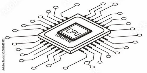 Close up outline illustration of a central processing unit (cpu) microchip with connections and pins on a circuit board machine learning line art microchip processor computer technology