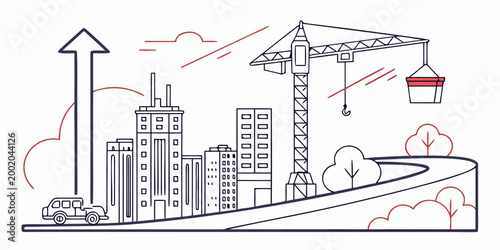Modern city skyline illustration with construction crane and upward arrow representing urban growth and real estate development construction business development building progress investment