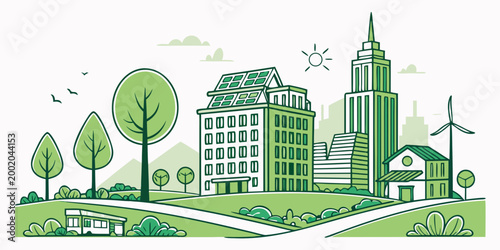 Sustainable eco city landscape illustration with solar panels wind turbine and green buildings for renewable energy concept sustainable renewable environment architecture building landscape
