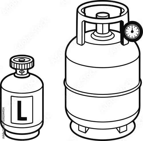 Propane gas cylinder and small fuel tank line art icons with pressure gauge for industrial energy and domestic cooking storage.