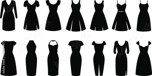 Large collection of black female dress silhouettes featuring various cocktail evening and summer fashion styles isolated on white background vector.