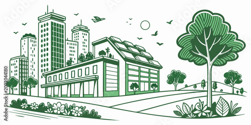 Eco friendly building with solar panel roof and large tree in an urban environment landscape illustration building friendly landscape illustration renewable environment sustainable technology