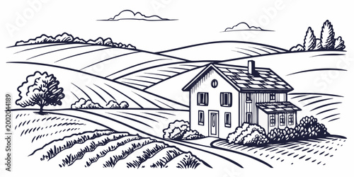 Rural farmhouse sketch with rolling hills and tilled farmland fields hand drawn line art illustration of countryside scenery with traditional house and clouds landscape countryside agriculture