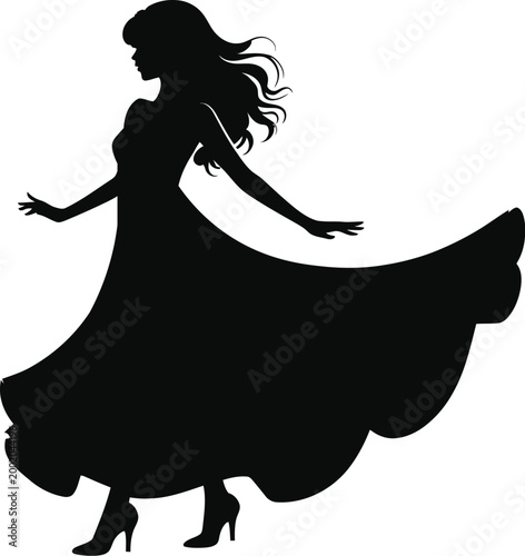 Stunning female figure silhouette with long wavy hair and blowing gown isolated on white background for fashion and beauty design.