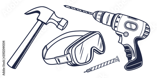 Construction safety equipment and repair tools including hammer drill and protective goggles with construction carpentry engineering maintenance hardware building equipment renovation handyman